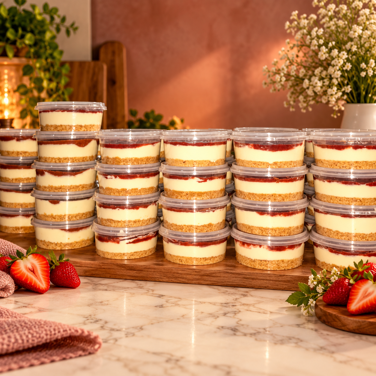 Rows of homemade cheesecake cups