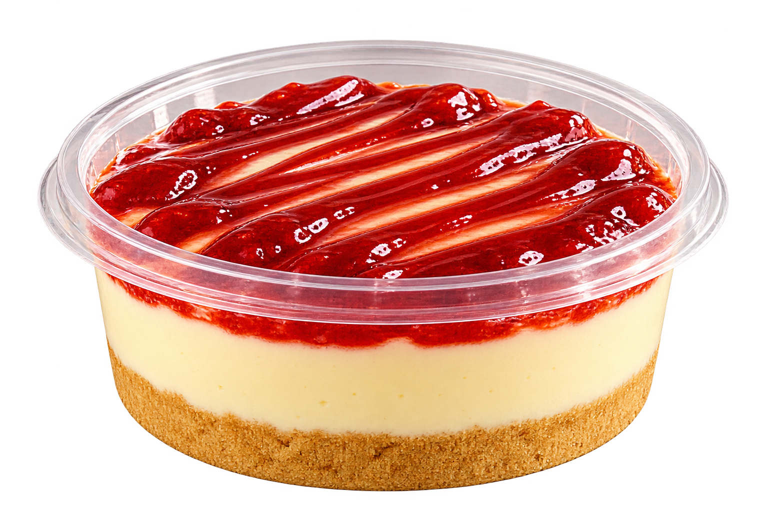 Strawberry topped cheesecake cup with creamy filling and biscuit crumb base